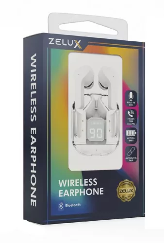 Zelux vezeték nélküli fülhallgató, Bluetooth 5.3, zajszűrés, kijelző, fehér
