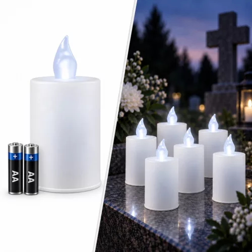 Temetői LED Gyertya, Lánghatás, 2×AA Elemmel, Hosszú Idejű Világítás, fehér láng