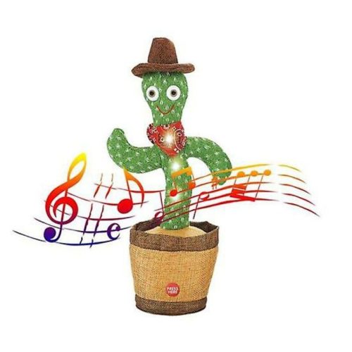 Interaktív zenélő, táncoló, világító kaktusz-hangfelvétellel, barna kalappal