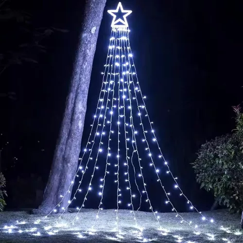 Karácsonyi 300 LED Dekoráció Fényfüzér csúcsdísszel - Adapteres hidegfehér C3001