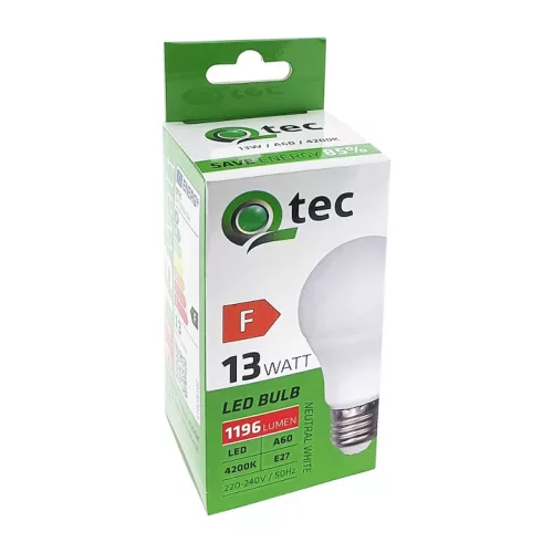 QTEC LED izzó A60 13W E27 Gömb Fényforrás 4200K (1196 lumen)