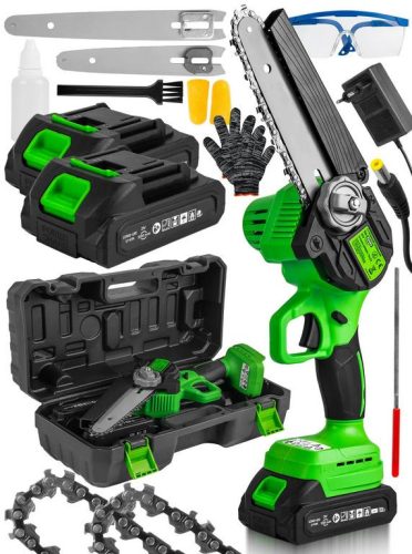 1000W akkus mini láncfűrész 6" és 8" vezetőlap, 2 akku, automatikus láncolajozás