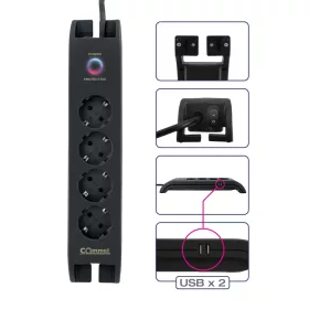 Hosszabbító túlfeszültség védelemmel 4 aljzat + 2x USB, 2 m kábel, 16A, fekete