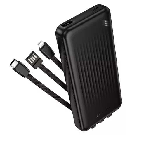 10000 mAh powerbank beépített kábelekkel USB-C Lightning USB, kijelző, fekete
