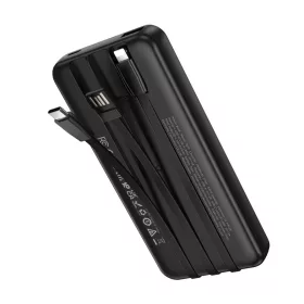 10000 mAh powerbank beépített kábelekkel USB-C Lightning USB, kijelző, fekete