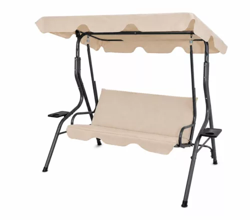 Kerti hintaágy napellenzővel, 3 személyes, erős fémvázas, bézs huzattal tálcával
