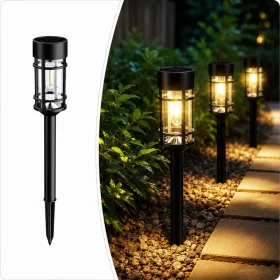   Szolár LED kerti lámpa - fekete, rácsozott búrás, leszúrható világítás, 48cm