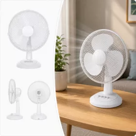   Asztali ventilátor 40 W - 30 cm lapátátmérő, 3 fokozat, oszcilláló, fehér