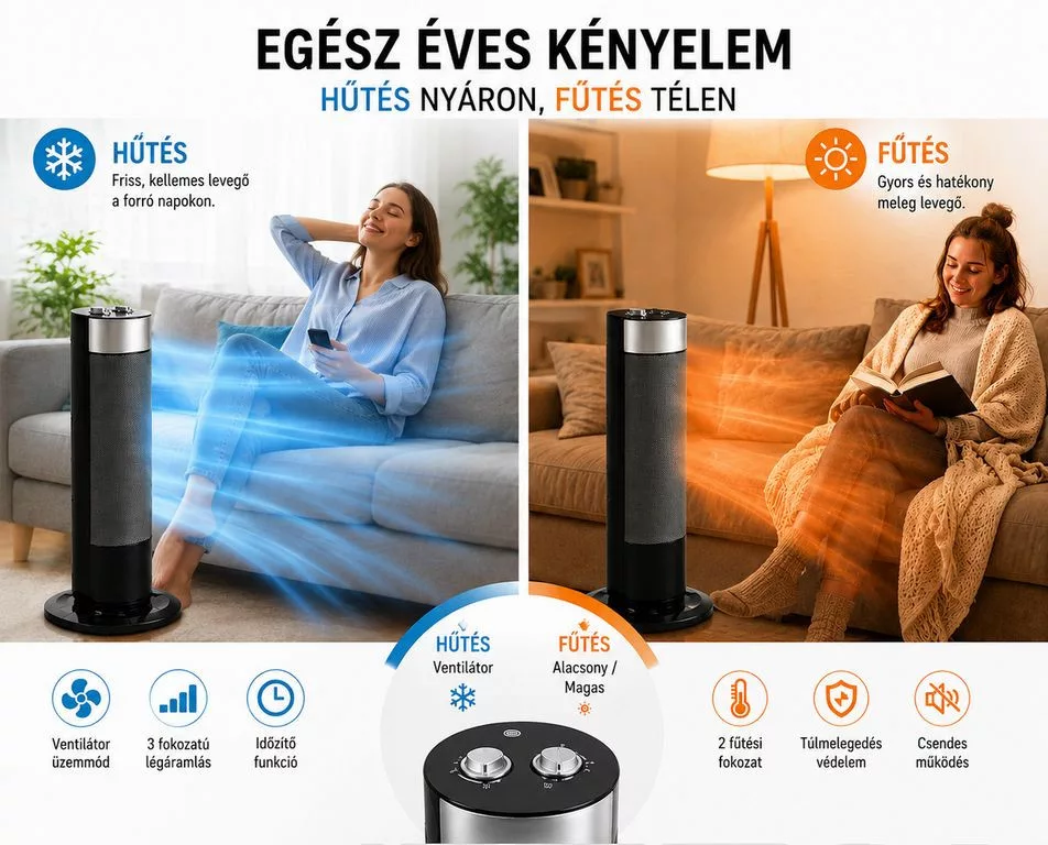 Fekete-ezüst hűtő-fűtő oszlopventilátor 2000 W teljesítménnyel