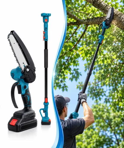 Akkus láncfűrész szett kefementes motor magassági hosszabbítóval, 6”/8”, 2 akku