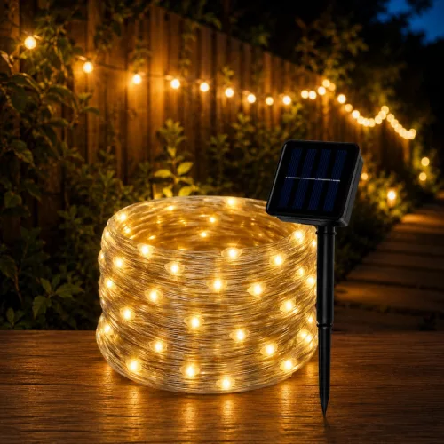 Szolár LED fényfüzér 15 m, 150 LED, meleg fehér, IP44, 8 világítási mód