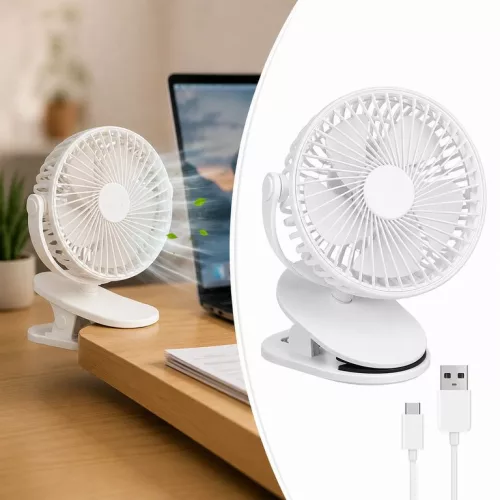Vezeték nélküli mini ventilátor csiptetővel, USB-C, 1200 mAh, fehér