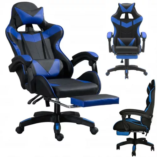 Zelux gamer szék öko-bőr borítással, lábtartóval, karfáfal, fekete-kék